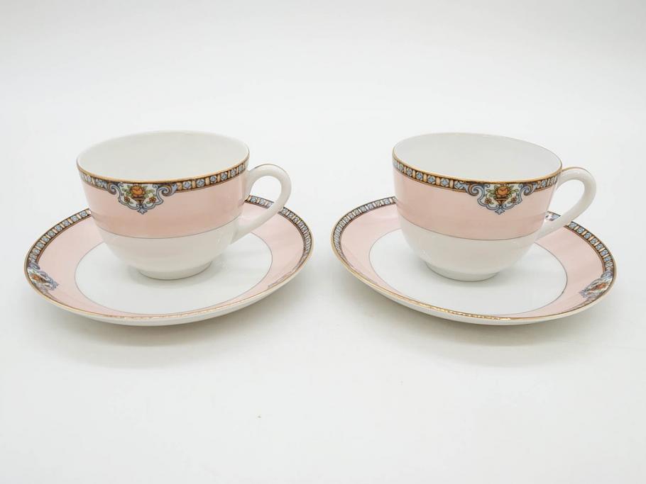 オールドノリタケ　NORITAKE　ヤジロベー印　ピンク　品よく可愛らしいカップ&ソーサー5客セット(花、金彩、C&S、日本陶器會社、洋食器)(R-082748)