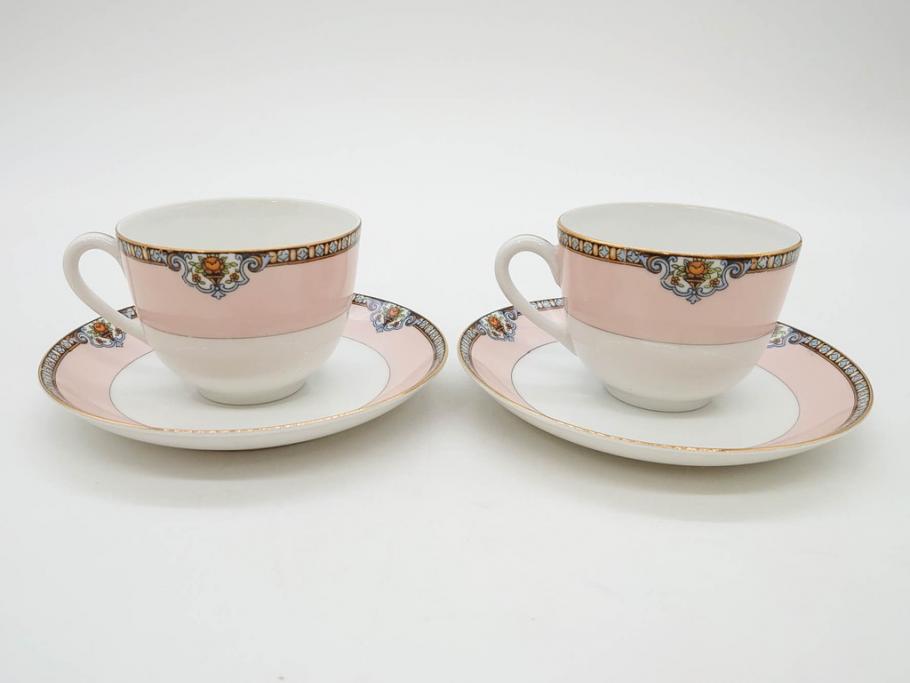 オールドノリタケ　NORITAKE　ヤジロベー印　ピンク　品よく可愛らしいカップ&ソーサー5客セット(花、金彩、C&S、日本陶器會社、洋食器)(R-082748)