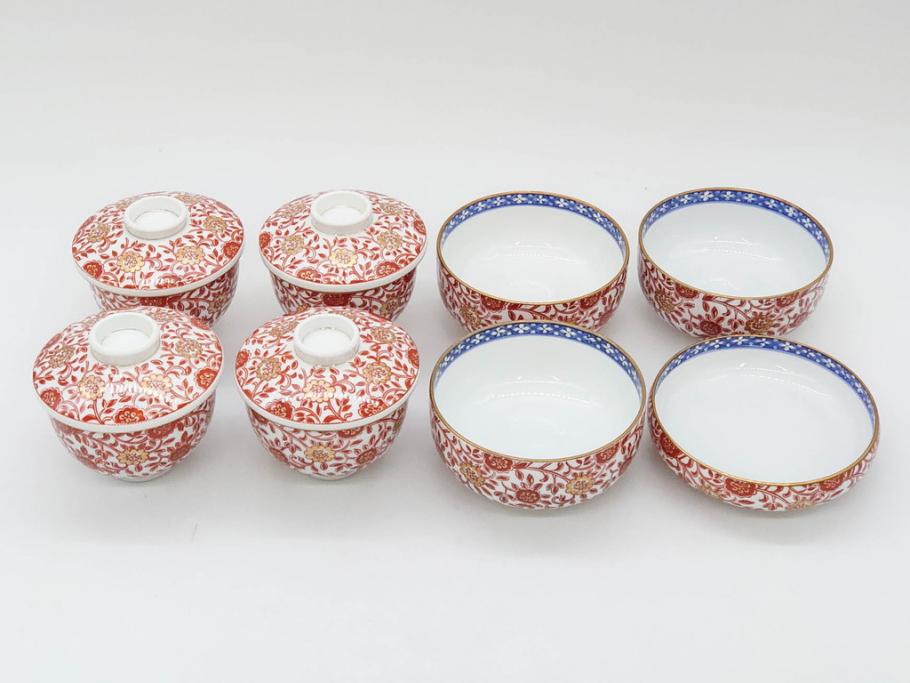 オールドノリタケ　NORITAKE　花唐草文　赤絵　金彩　3.2寸・3.7寸・4寸　食卓を華やかに彩る蓋付き茶碗4客&小鉢4客セット(器、どんぶり、深鉢、深皿、向付、マルキ印、和皿、和食器、三寸二分、三寸七分、四寸)(R-082749)