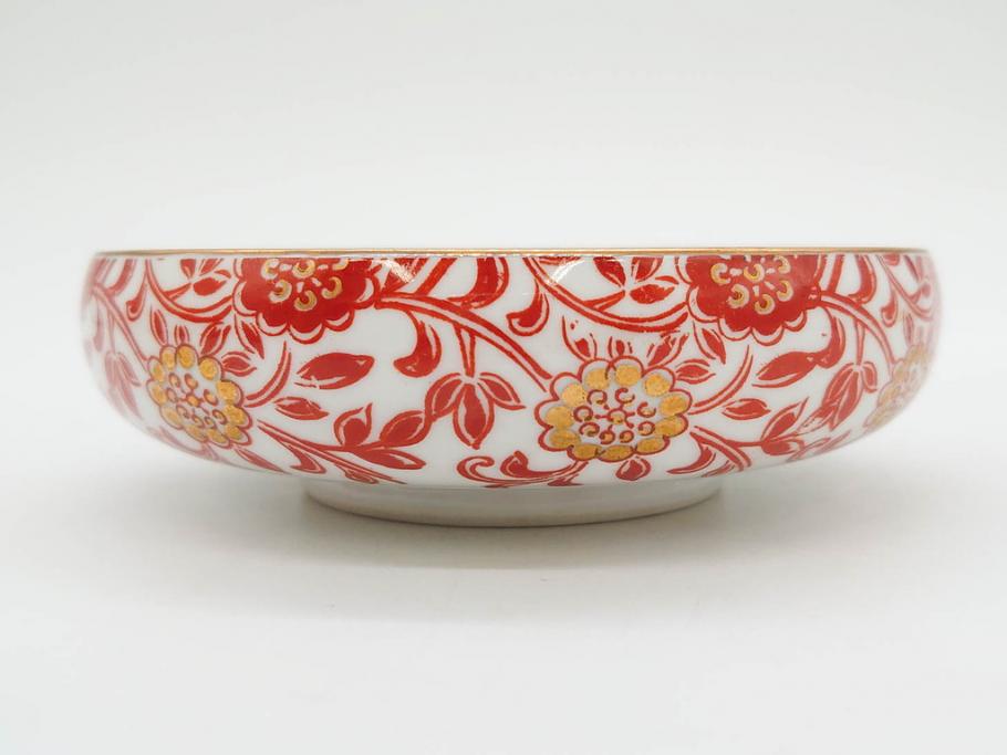 オールドノリタケ　NORITAKE　花唐草文　赤絵　金彩　3.2寸・3.7寸・4寸　食卓を華やかに彩る蓋付き茶碗4客&小鉢4客セット(器、どんぶり、深鉢、深皿、向付、マルキ印、和皿、和食器、三寸二分、三寸七分、四寸)(R-082749)