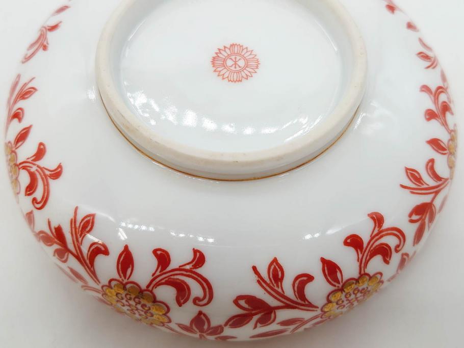 オールドノリタケ　NORITAKE　花唐草文　赤絵　金彩　3.2寸・3.7寸・4寸　食卓を華やかに彩る蓋付き茶碗4客&小鉢4客セット(器、どんぶり、深鉢、深皿、向付、マルキ印、和皿、和食器、三寸二分、三寸七分、四寸)(R-082749)