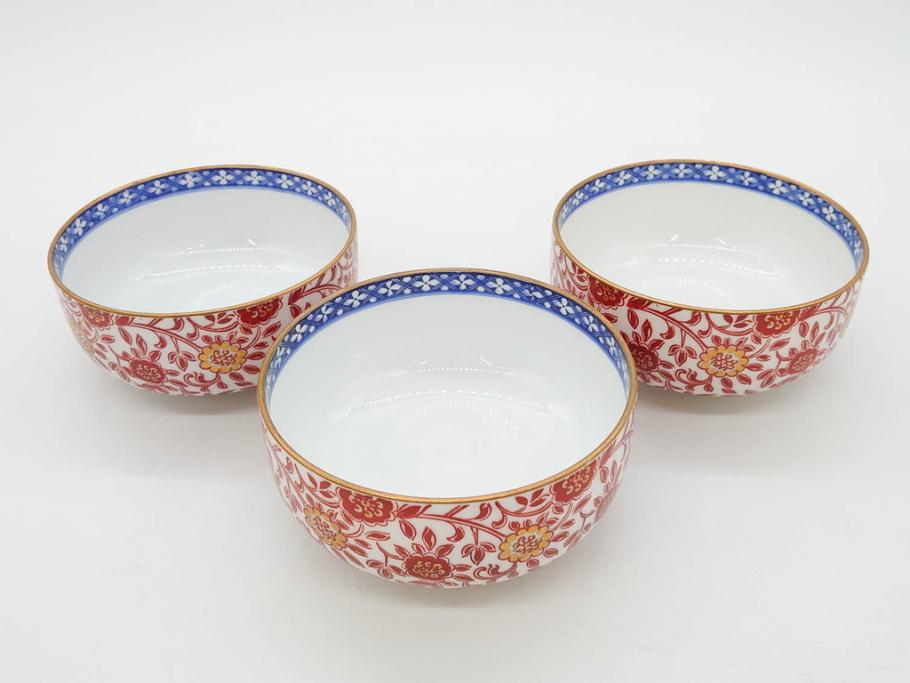 オールドノリタケ　NORITAKE　花唐草文　赤絵　金彩　3.2寸・3.7寸・4寸　食卓を華やかに彩る蓋付き茶碗4客&小鉢4客セット(器、どんぶり、深鉢、深皿、向付、マルキ印、和皿、和食器、三寸二分、三寸七分、四寸)(R-082749)