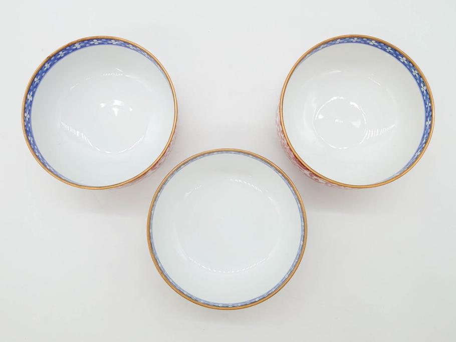 オールドノリタケ　NORITAKE　花唐草文　赤絵　金彩　3.2寸・3.7寸・4寸　食卓を華やかに彩る蓋付き茶碗4客&小鉢4客セット(器、どんぶり、深鉢、深皿、向付、マルキ印、和皿、和食器、三寸二分、三寸七分、四寸)(R-082749)