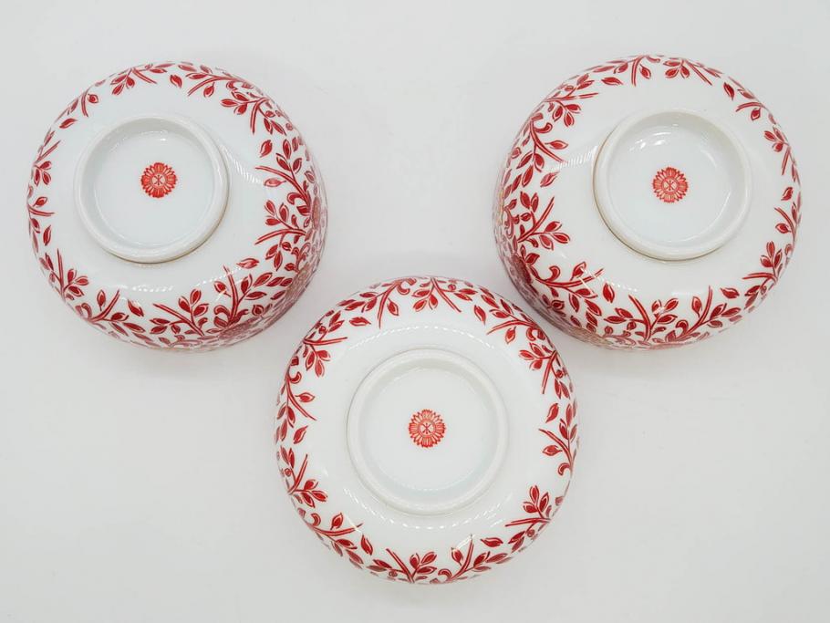 オールドノリタケ　NORITAKE　花唐草文　赤絵　金彩　3.2寸・3.7寸・4寸　食卓を華やかに彩る蓋付き茶碗4客&小鉢4客セット(器、どんぶり、深鉢、深皿、向付、マルキ印、和皿、和食器、三寸二分、三寸七分、四寸)(R-082749)