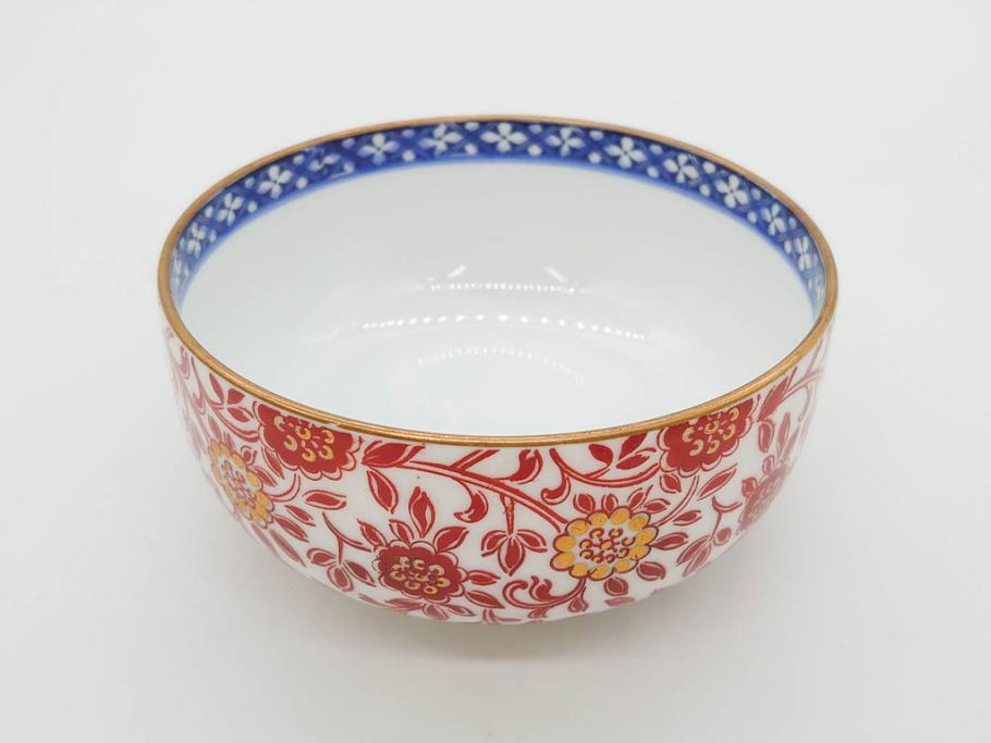 オールドノリタケ　NORITAKE　花唐草文　赤絵　金彩　3.2寸・3.7寸・4寸　食卓を華やかに彩る蓋付き茶碗4客&小鉢4客セット(器、どんぶり、深鉢、深皿、向付、マルキ印、和皿、和食器、三寸二分、三寸七分、四寸)(R-082749)