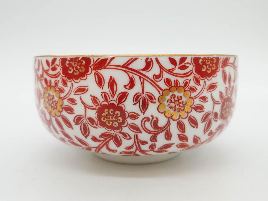 オールドノリタケ　NORITAKE　花唐草文　赤絵　金彩　3.2寸・3.7寸・4寸　食卓を華やかに彩る蓋付き茶碗4客&小鉢4客セット(器、どんぶり、深鉢、深皿、向付、マルキ印、和皿、和食器、三寸二分、三寸七分、四寸)(R-082749)