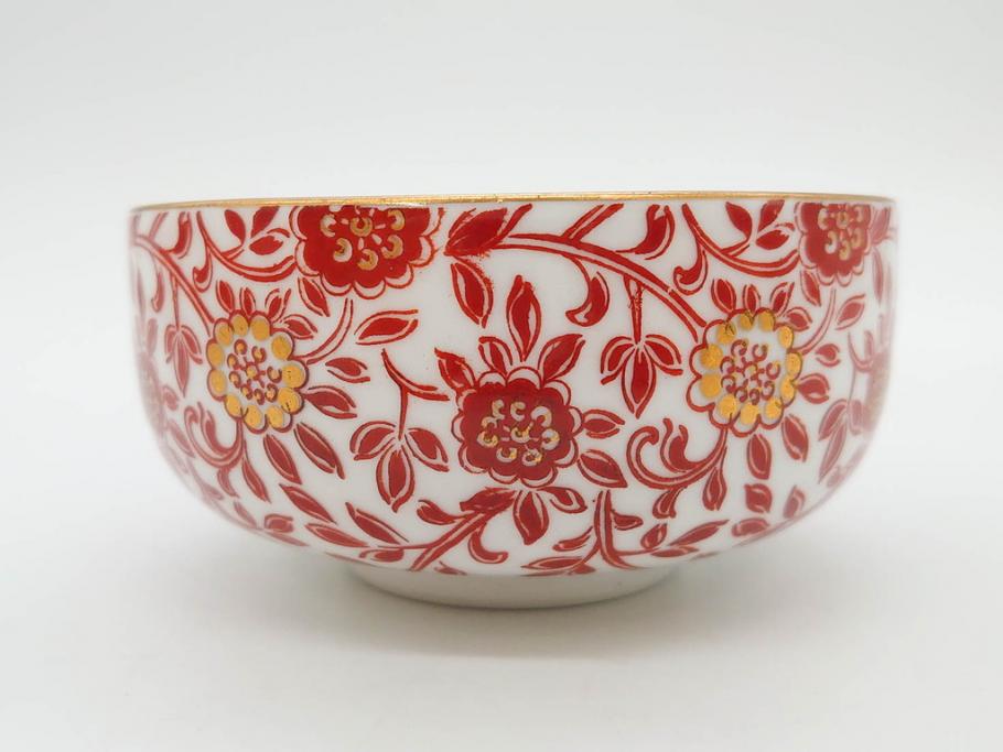 オールドノリタケ　NORITAKE　花唐草文　赤絵　金彩　3.2寸・3.7寸・4寸　食卓を華やかに彩る蓋付き茶碗4客&小鉢4客セット(器、どんぶり、深鉢、深皿、向付、マルキ印、和皿、和食器、三寸二分、三寸七分、四寸)(R-082749)