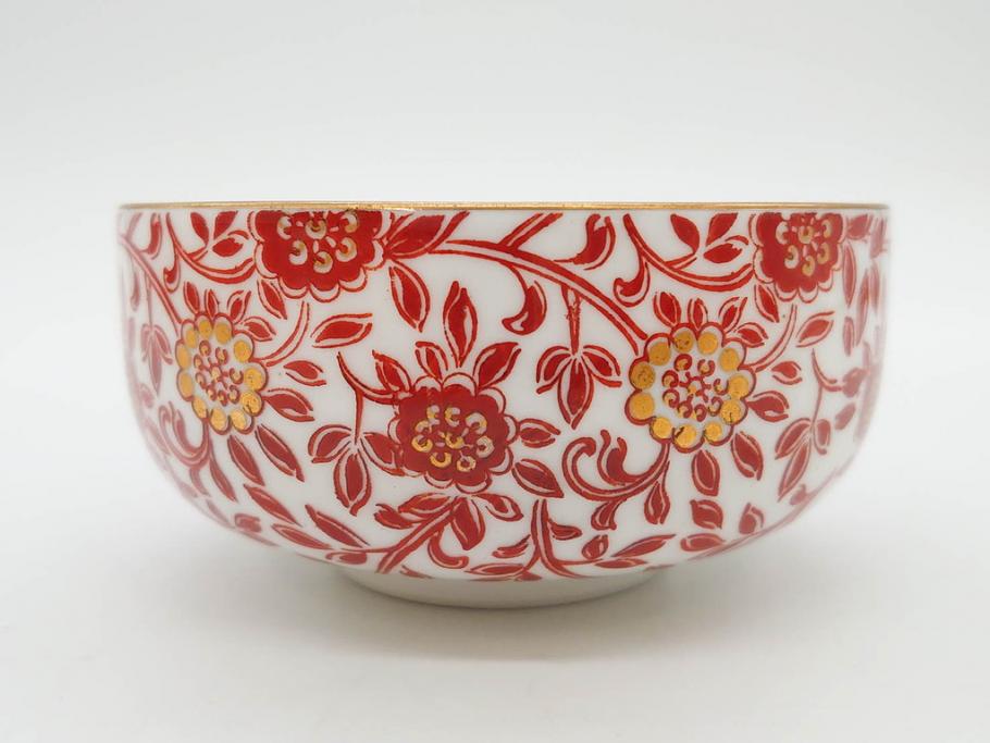 オールドノリタケ　NORITAKE　花唐草文　赤絵　金彩　3.2寸・3.7寸・4寸　食卓を華やかに彩る蓋付き茶碗4客&小鉢4客セット(器、どんぶり、深鉢、深皿、向付、マルキ印、和皿、和食器、三寸二分、三寸七分、四寸)(R-082749)