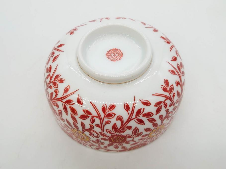 オールドノリタケ　NORITAKE　花唐草文　赤絵　金彩　3.2寸・3.7寸・4寸　食卓を華やかに彩る蓋付き茶碗4客&小鉢4客セット(器、どんぶり、深鉢、深皿、向付、マルキ印、和皿、和食器、三寸二分、三寸七分、四寸)(R-082749)