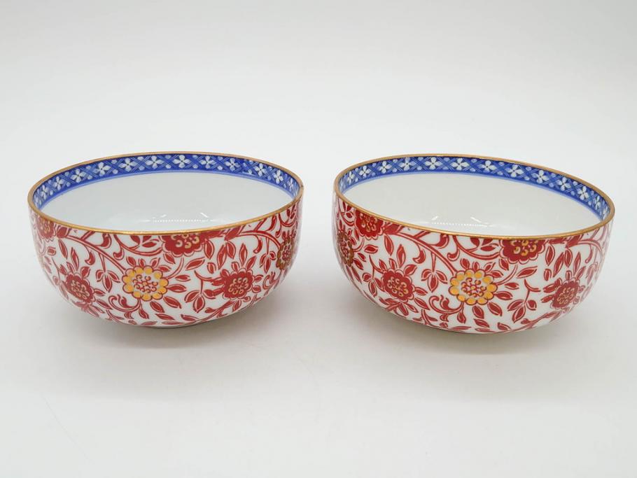 オールドノリタケ　NORITAKE　花唐草文　赤絵　金彩　3.2寸・3.7寸・4寸　食卓を華やかに彩る蓋付き茶碗4客&小鉢4客セット(器、どんぶり、深鉢、深皿、向付、マルキ印、和皿、和食器、三寸二分、三寸七分、四寸)(R-082749)
