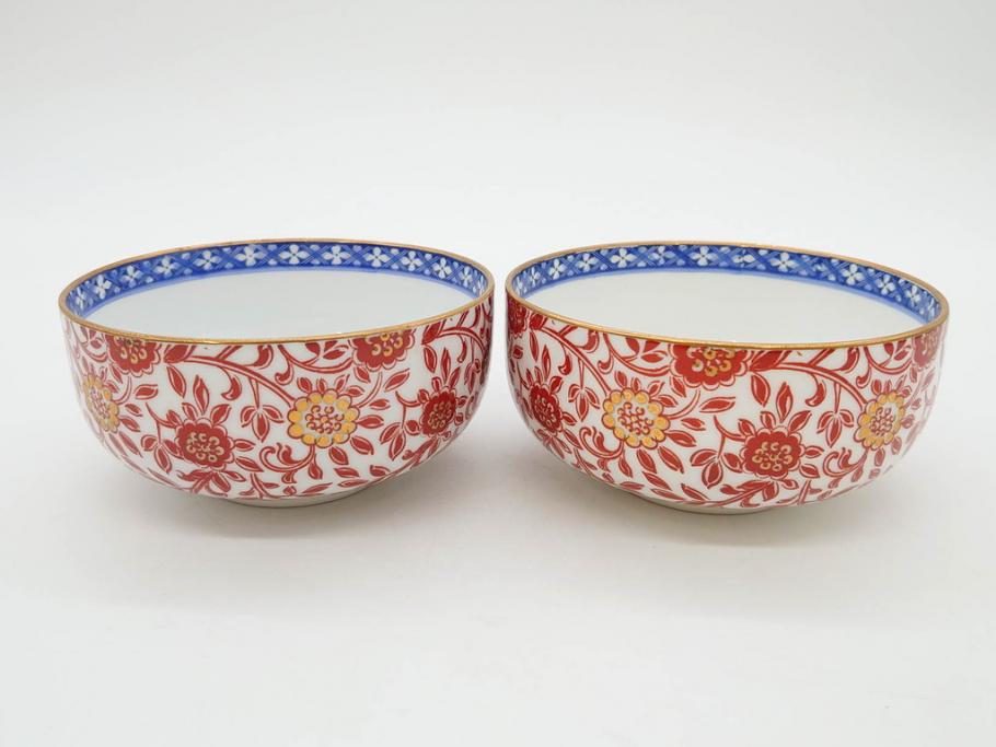 オールドノリタケ　NORITAKE　花唐草文　赤絵　金彩　3.2寸・3.7寸・4寸　食卓を華やかに彩る蓋付き茶碗4客&小鉢4客セット(器、どんぶり、深鉢、深皿、向付、マルキ印、和皿、和食器、三寸二分、三寸七分、四寸)(R-082749)