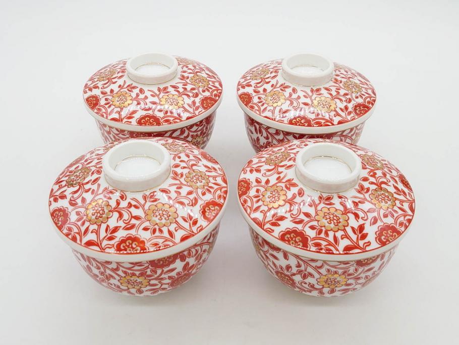 オールドノリタケ　NORITAKE　花唐草文　赤絵　金彩　3.2寸・3.7寸・4寸　食卓を華やかに彩る蓋付き茶碗4客&小鉢4客セット(器、どんぶり、深鉢、深皿、向付、マルキ印、和皿、和食器、三寸二分、三寸七分、四寸)(R-082749)