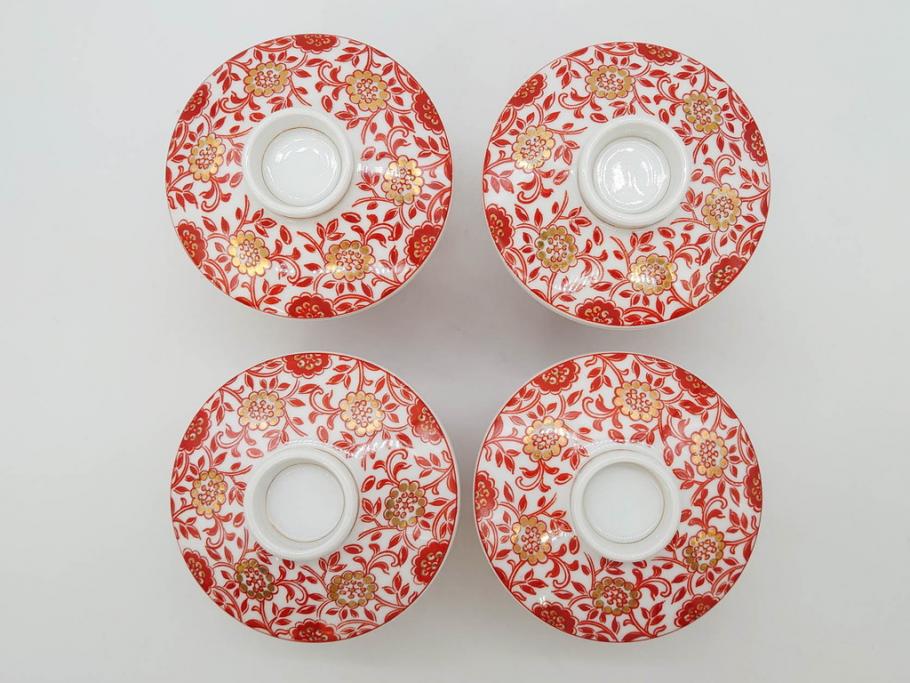 オールドノリタケ　NORITAKE　花唐草文　赤絵　金彩　3.2寸・3.7寸・4寸　食卓を華やかに彩る蓋付き茶碗4客&小鉢4客セット(器、どんぶり、深鉢、深皿、向付、マルキ印、和皿、和食器、三寸二分、三寸七分、四寸)(R-082749)