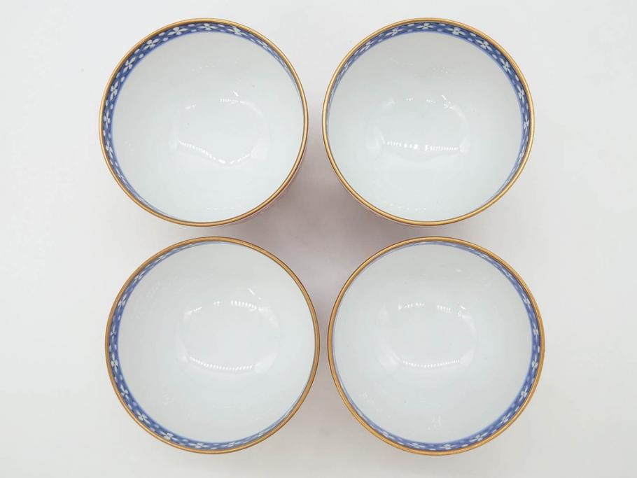 オールドノリタケ　NORITAKE　花唐草文　赤絵　金彩　3.2寸・3.7寸・4寸　食卓を華やかに彩る蓋付き茶碗4客&小鉢4客セット(器、どんぶり、深鉢、深皿、向付、マルキ印、和皿、和食器、三寸二分、三寸七分、四寸)(R-082749)