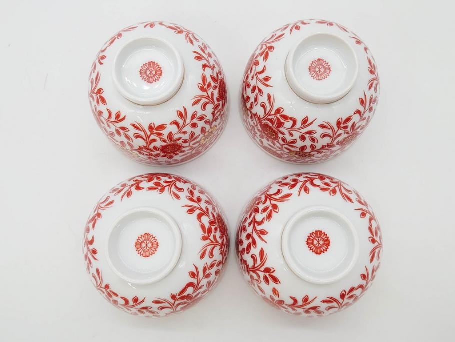 オールドノリタケ　NORITAKE　花唐草文　赤絵　金彩　3.2寸・3.7寸・4寸　食卓を華やかに彩る蓋付き茶碗4客&小鉢4客セット(器、どんぶり、深鉢、深皿、向付、マルキ印、和皿、和食器、三寸二分、三寸七分、四寸)(R-082749)