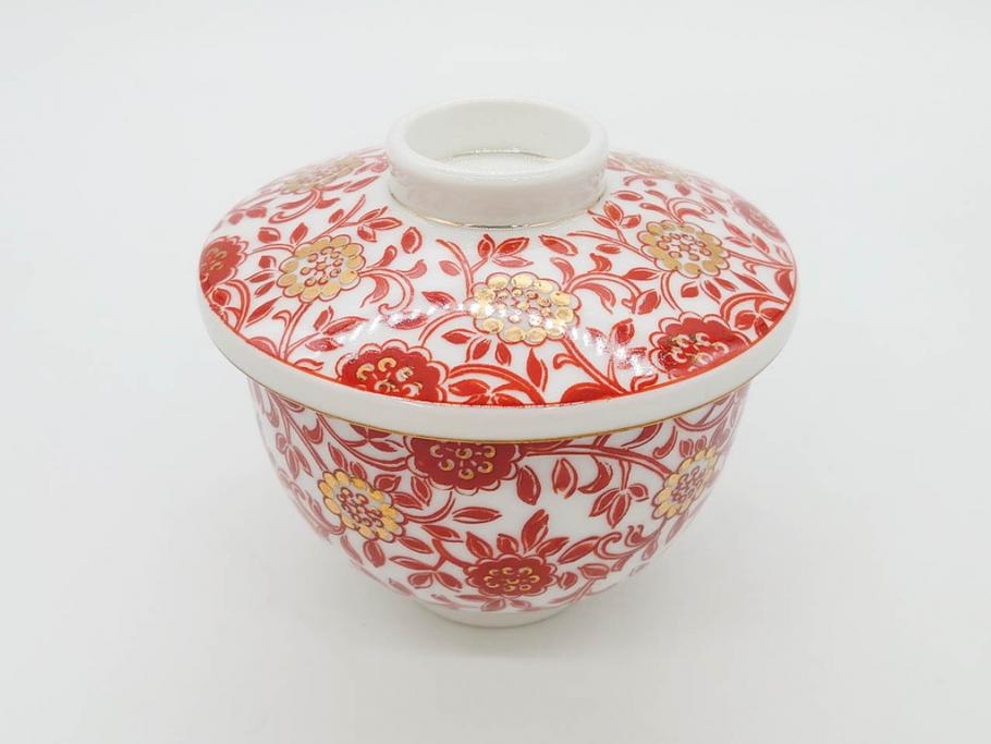 オールドノリタケ　NORITAKE　花唐草文　赤絵　金彩　3.2寸・3.7寸・4寸　食卓を華やかに彩る蓋付き茶碗4客&小鉢4客セット(器、どんぶり、深鉢、深皿、向付、マルキ印、和皿、和食器、三寸二分、三寸七分、四寸)(R-082749)