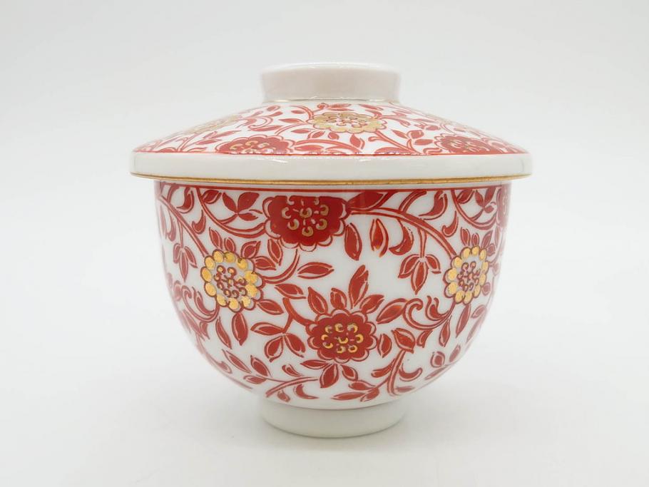 オールドノリタケ　NORITAKE　花唐草文　赤絵　金彩　3.2寸・3.7寸・4寸　食卓を華やかに彩る蓋付き茶碗4客&小鉢4客セット(器、どんぶり、深鉢、深皿、向付、マルキ印、和皿、和食器、三寸二分、三寸七分、四寸)(R-082749)