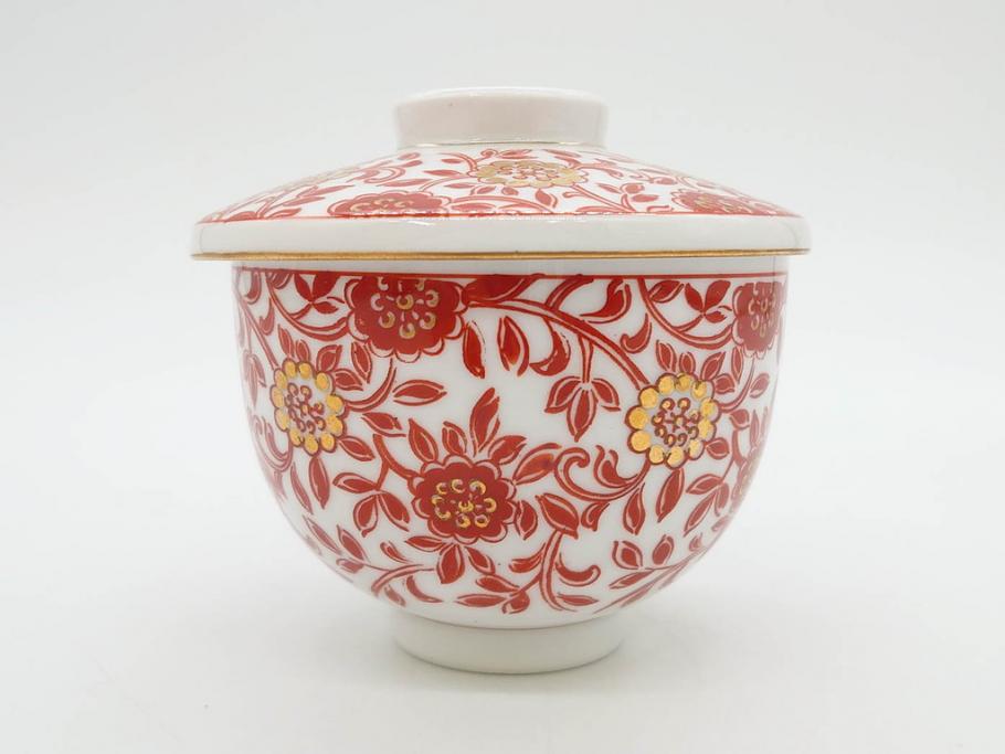 オールドノリタケ　NORITAKE　花唐草文　赤絵　金彩　3.2寸・3.7寸・4寸　食卓を華やかに彩る蓋付き茶碗4客&小鉢4客セット(器、どんぶり、深鉢、深皿、向付、マルキ印、和皿、和食器、三寸二分、三寸七分、四寸)(R-082749)