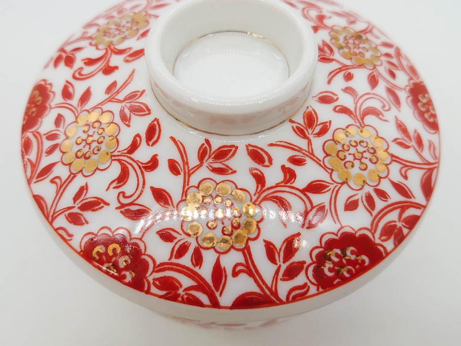 オールドノリタケ　NORITAKE　花唐草文　赤絵　金彩　3.2寸・3.7寸・4寸　食卓を華やかに彩る蓋付き茶碗4客&小鉢4客セット(器、どんぶり、深鉢、深皿、向付、マルキ印、和皿、和食器、三寸二分、三寸七分、四寸)(R-082749)