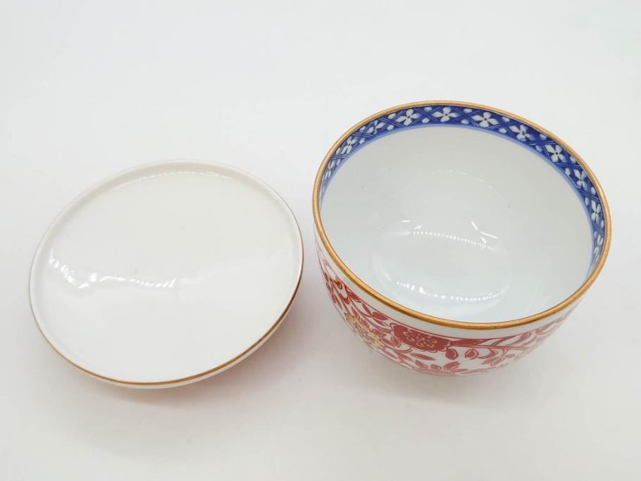 オールドノリタケ　NORITAKE　花唐草文　赤絵　金彩　3.2寸・3.7寸・4寸　食卓を華やかに彩る蓋付き茶碗4客&小鉢4客セット(器、どんぶり、深鉢、深皿、向付、マルキ印、和皿、和食器、三寸二分、三寸七分、四寸)(R-082749)