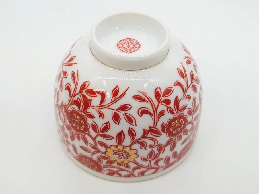 オールドノリタケ　NORITAKE　花唐草文　赤絵　金彩　3.2寸・3.7寸・4寸　食卓を華やかに彩る蓋付き茶碗4客&小鉢4客セット(器、どんぶり、深鉢、深皿、向付、マルキ印、和皿、和食器、三寸二分、三寸七分、四寸)(R-082749)