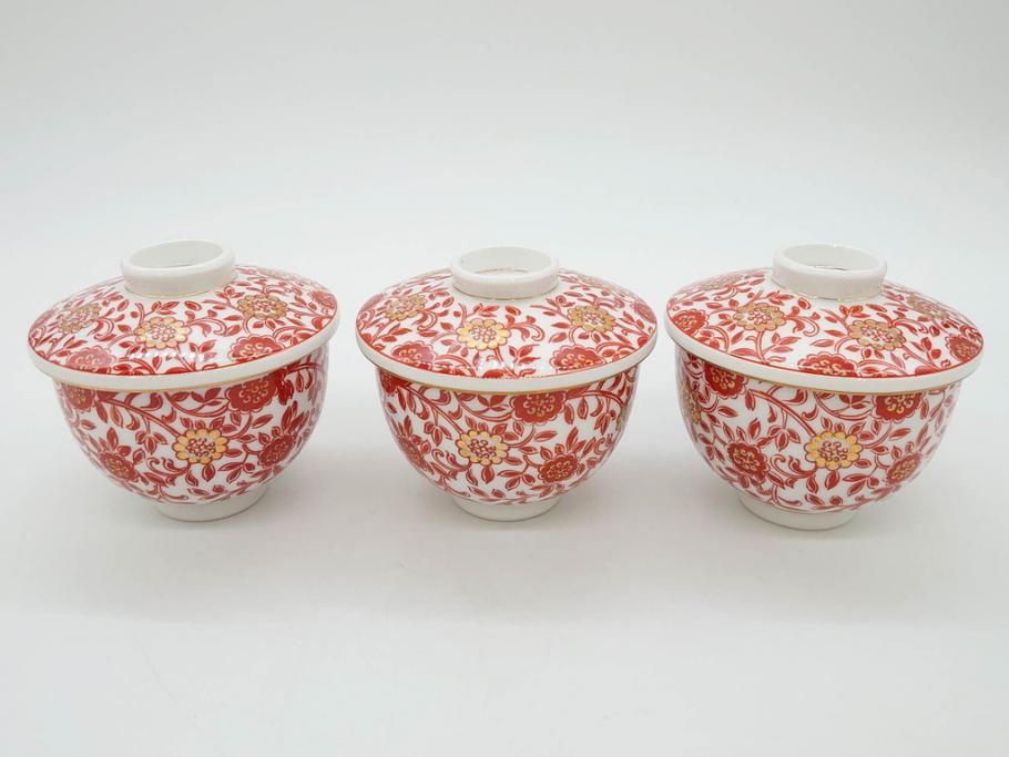 オールドノリタケ　NORITAKE　花唐草文　赤絵　金彩　3.2寸・3.7寸・4寸　食卓を華やかに彩る蓋付き茶碗4客&小鉢4客セット(器、どんぶり、深鉢、深皿、向付、マルキ印、和皿、和食器、三寸二分、三寸七分、四寸)(R-082749)