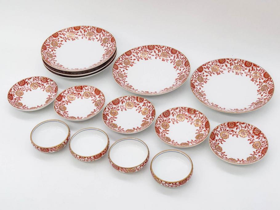 オールドノリタケ　NORITAKE　花唐草文　赤絵　金彩　2.3寸・3.2寸・5.1寸　食卓に映える鮮やかな色彩が魅力の皿10枚&小鉢4客セット(小皿、中皿、器、深鉢、深皿、向付、マルキ印、和皿、和食器、二寸三分、三寸二分、五寸一分)(R-082750)