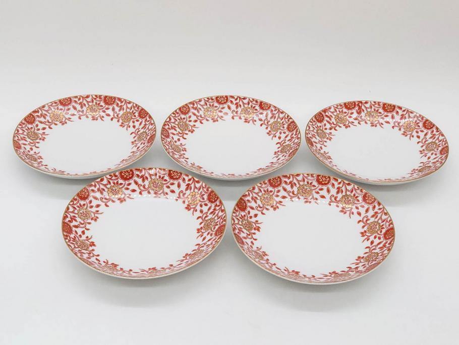 オールドノリタケ　NORITAKE　花唐草文　赤絵　金彩　2.3寸・3.2寸・5.1寸　食卓に映える鮮やかな色彩が魅力の皿10枚&小鉢4客セット(小皿、中皿、器、深鉢、深皿、向付、マルキ印、和皿、和食器、二寸三分、三寸二分、五寸一分)(R-082750)