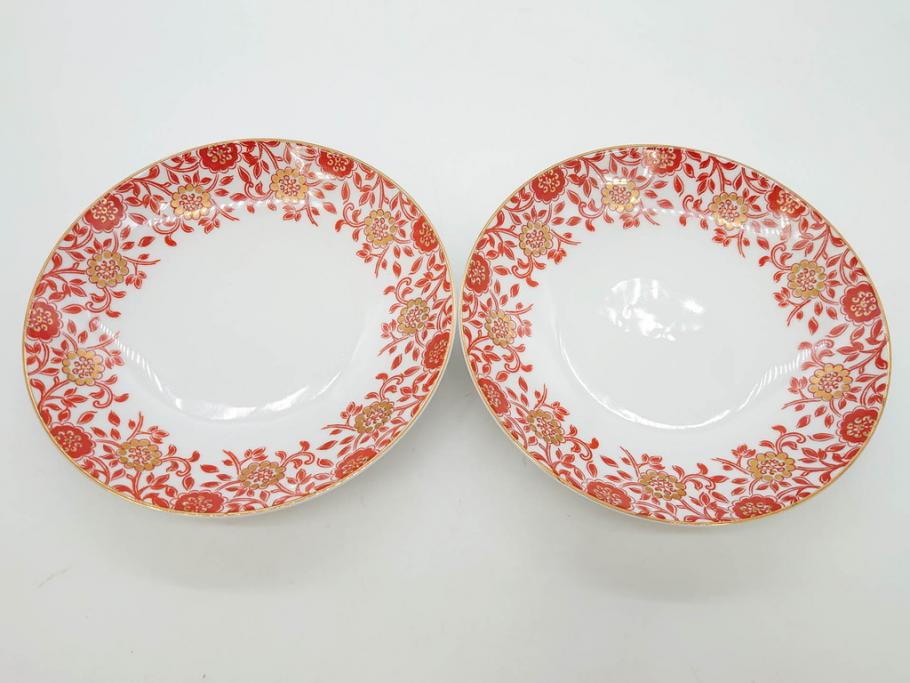 オールドノリタケ　NORITAKE　花唐草文　赤絵　金彩　2.3寸・3.2寸・5.1寸　食卓に映える鮮やかな色彩が魅力の皿10枚&小鉢4客セット(小皿、中皿、器、深鉢、深皿、向付、マルキ印、和皿、和食器、二寸三分、三寸二分、五寸一分)(R-082750)