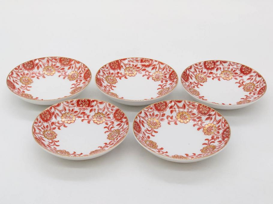 オールドノリタケ　NORITAKE　花唐草文　赤絵　金彩　2.3寸・3.2寸・5.1寸　食卓に映える鮮やかな色彩が魅力の皿10枚&小鉢4客セット(小皿、中皿、器、深鉢、深皿、向付、マルキ印、和皿、和食器、二寸三分、三寸二分、五寸一分)(R-082750)