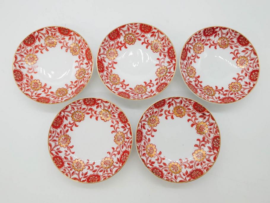 オールドノリタケ　NORITAKE　花唐草文　赤絵　金彩　2.3寸・3.2寸・5.1寸　食卓に映える鮮やかな色彩が魅力の皿10枚&小鉢4客セット(小皿、中皿、器、深鉢、深皿、向付、マルキ印、和皿、和食器、二寸三分、三寸二分、五寸一分)(R-082750)