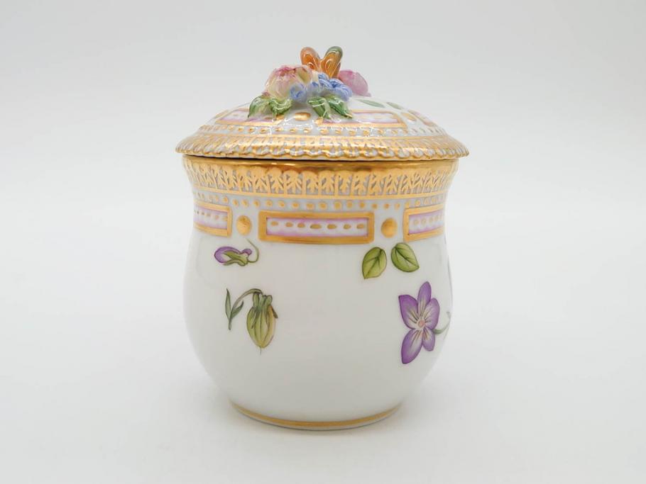 デンマーク　ROYAL COPENHAGEN(ロイヤルコペンハーゲン)　フローラダニカ　優雅で気品に満ちた蓋付きカップ&ソーサー(金彩、花、カスタードポット、マスタード、蓋物、洋食器、C&S、北欧)(R-082752)