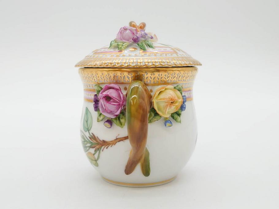 デンマーク　ROYAL COPENHAGEN(ロイヤルコペンハーゲン)　フローラダニカ　優雅で気品に満ちた蓋付きカップ&ソーサー(金彩、花、カスタードポット、マスタード、蓋物、洋食器、C&S、北欧)(R-082752)