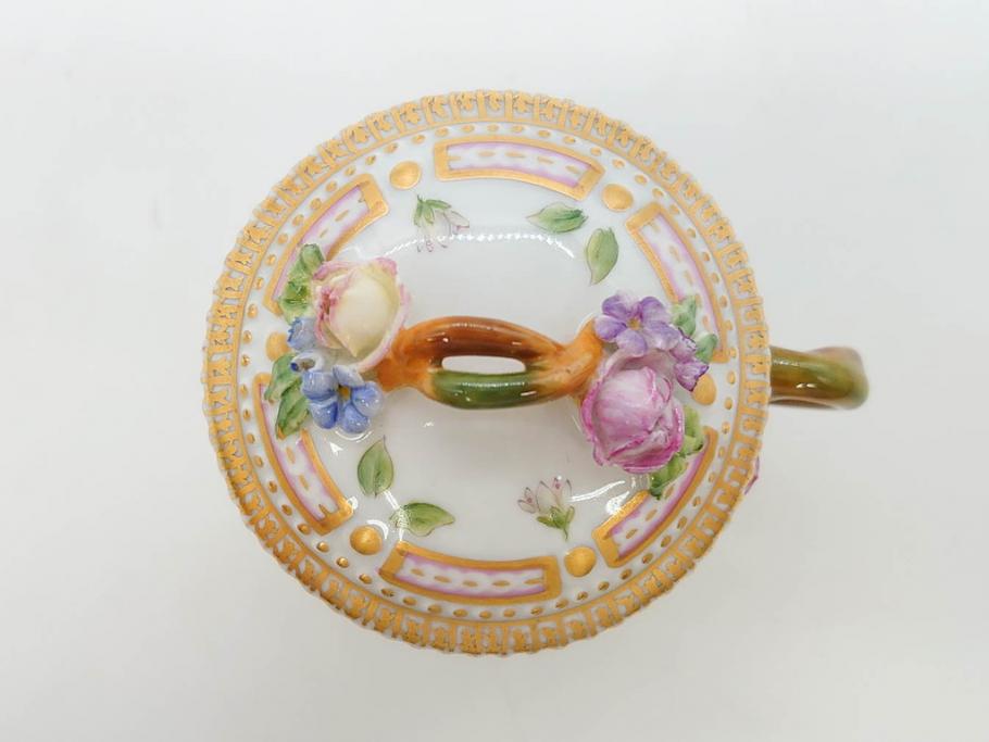 デンマーク　ROYAL COPENHAGEN(ロイヤルコペンハーゲン)　フローラダニカ　優雅で気品に満ちた蓋付きカップ&ソーサー(金彩、花、カスタードポット、マスタード、蓋物、洋食器、C&S、北欧)(R-082752)