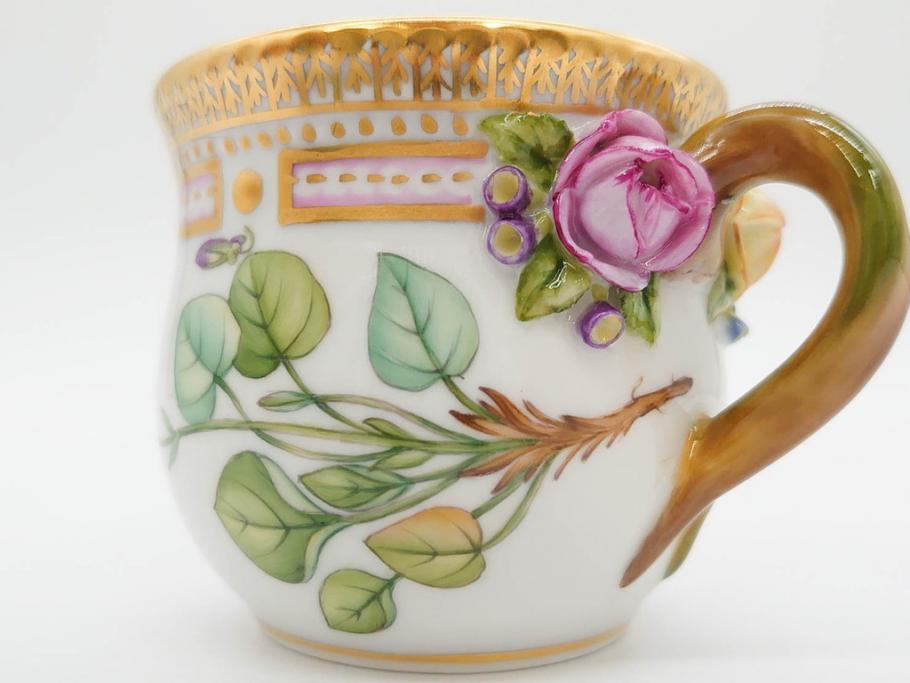 デンマーク　ROYAL COPENHAGEN(ロイヤルコペンハーゲン)　フローラダニカ　優雅で気品に満ちた蓋付きカップ&ソーサー(金彩、花、カスタードポット、マスタード、蓋物、洋食器、C&S、北欧)(R-082752)