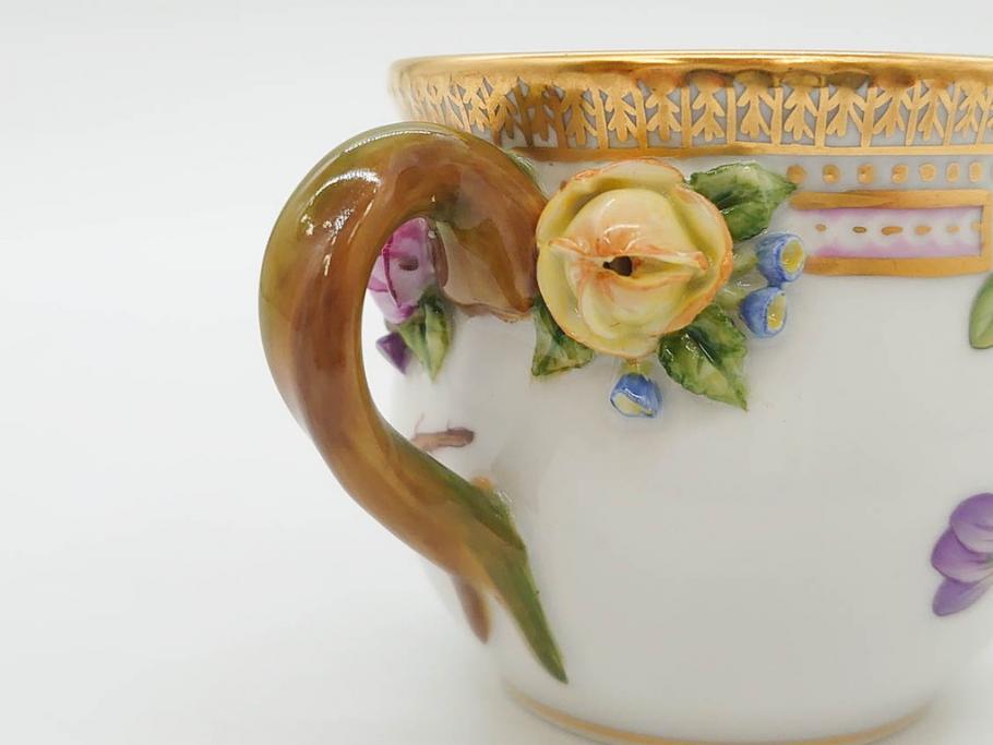 デンマーク　ROYAL COPENHAGEN(ロイヤルコペンハーゲン)　フローラダニカ　優雅で気品に満ちた蓋付きカップ&ソーサー(金彩、花、カスタードポット、マスタード、蓋物、洋食器、C&S、北欧)(R-082752)