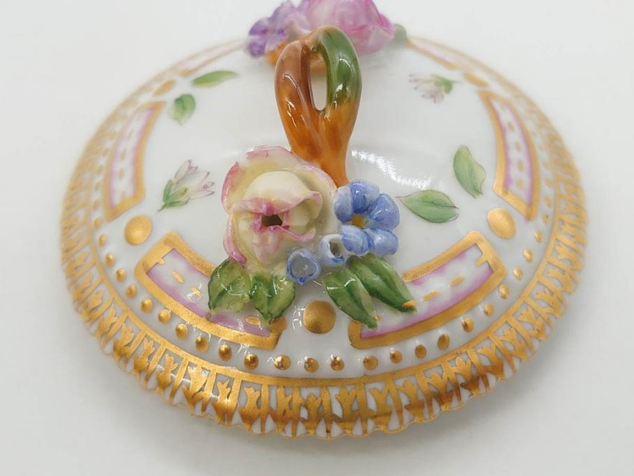 デンマーク　ROYAL COPENHAGEN(ロイヤルコペンハーゲン)　フローラダニカ　優雅で気品に満ちた蓋付きカップ&ソーサー(金彩、花、カスタードポット、マスタード、蓋物、洋食器、C&S、北欧)(R-082752)