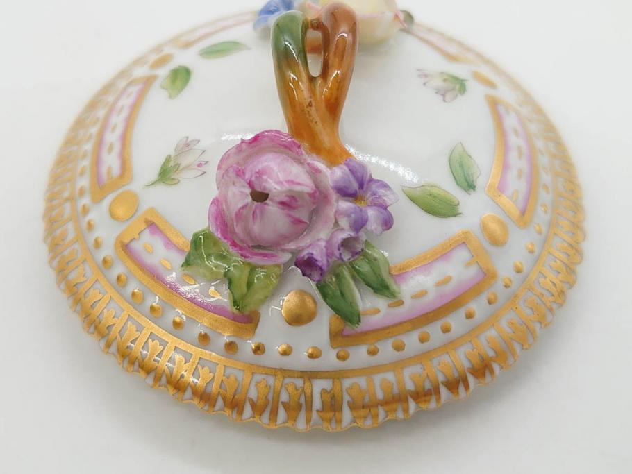 デンマーク　ROYAL COPENHAGEN(ロイヤルコペンハーゲン)　フローラダニカ　優雅で気品に満ちた蓋付きカップ&ソーサー(金彩、花、カスタードポット、マスタード、蓋物、洋食器、C&S、北欧)(R-082752)