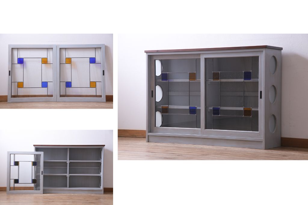 ラフジュ工房オリジナル　古建具リメイク　おしゃれなステンドグラス入り戸棚(収納棚、サイドボード)