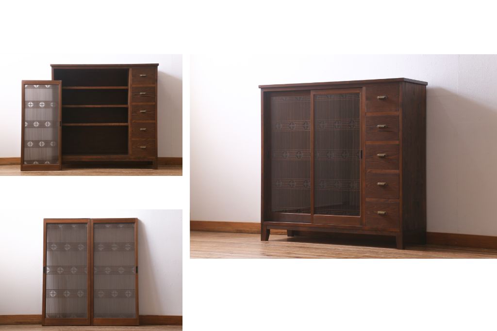 ラフジュ工房オリジナル　古建具リメイク　引き出し5杯付きの組子書院戸のキャビネット(戸棚、リビングボード)(R-039700)