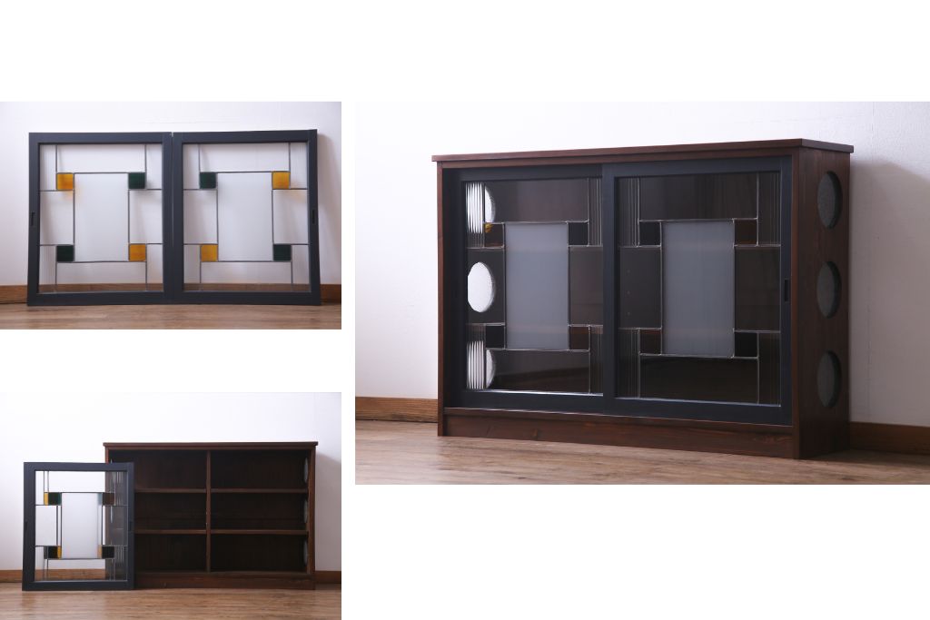 ラフジュ工房オリジナル　古建具リメイク　ノスタルジックなステンドグラス入り戸棚(収納棚、サイドボード)