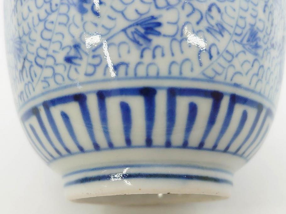 江戸期　成化年製　古伊万里　染付　微塵唐草　松竹梅文　深い趣きがあるそば猪口5客セット(蕎麦猪口、湯呑み、湯のみ、和食器)(R-082756)