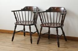 中古　美品　松本民芸家具　#91型　落ち着きのある大人カフェ風インテリアが叶うキャプテンチェア2脚セット(アームチェア、板座チェア、ダイニングチェア、椅子、イス)(定価2脚で約26万円)(R-073728)
