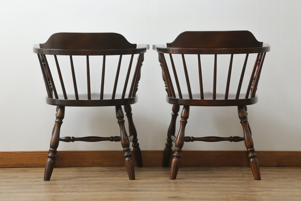 中古　美品　松本民芸家具　#91型　落ち着きのある大人カフェ風インテリアが叶うキャプテンチェア2脚セット(アームチェア、板座チェア、ダイニングチェア、椅子、イス)(定価2脚で約26万円)(R-073728)