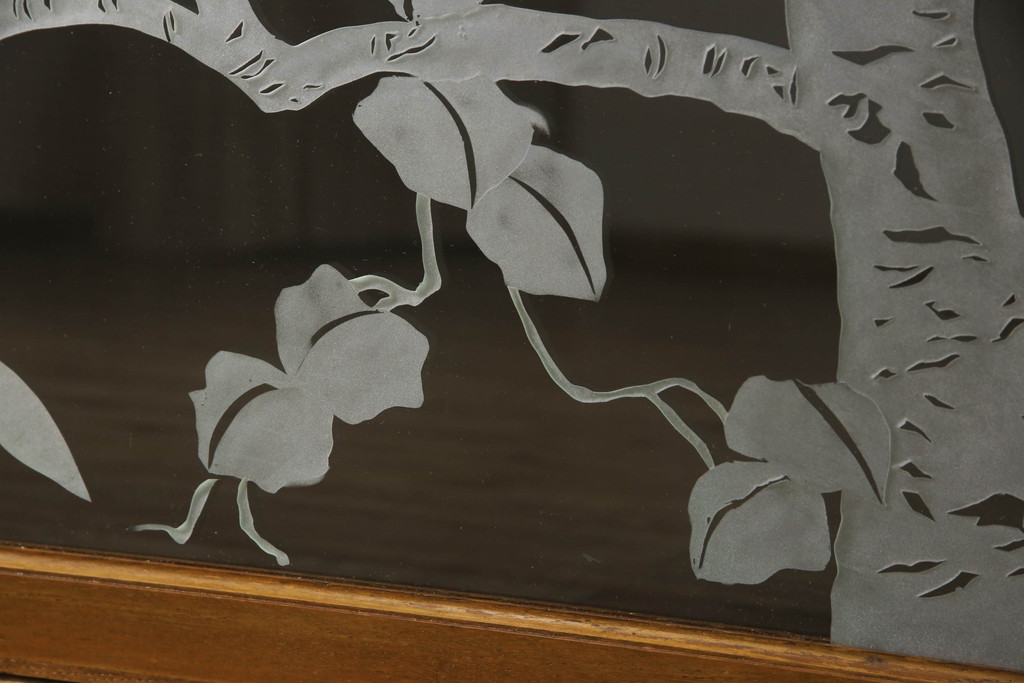 和製アンティーク　激レア!　希少　ナラ材　古い洋館のエッチングガラスの明り取り2枚セット(ガラス欄間、明かり取り)(R-063606)