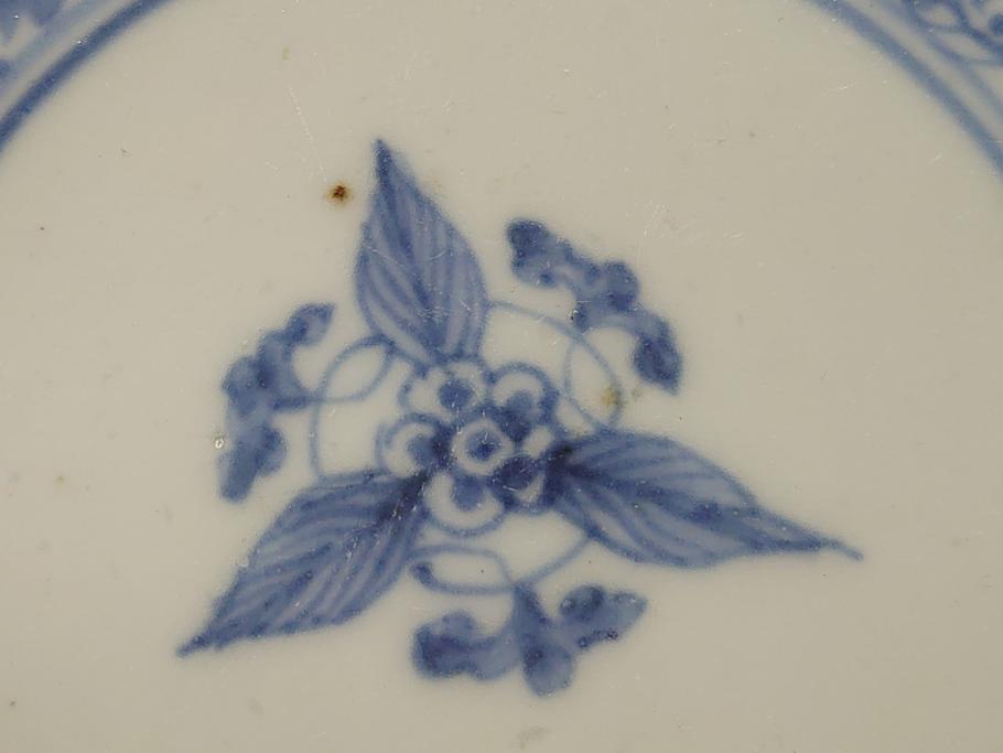 江戸期 古伊万里 染付 二重角福 花唐草 4.5寸皿 約13.5cm 伊万里