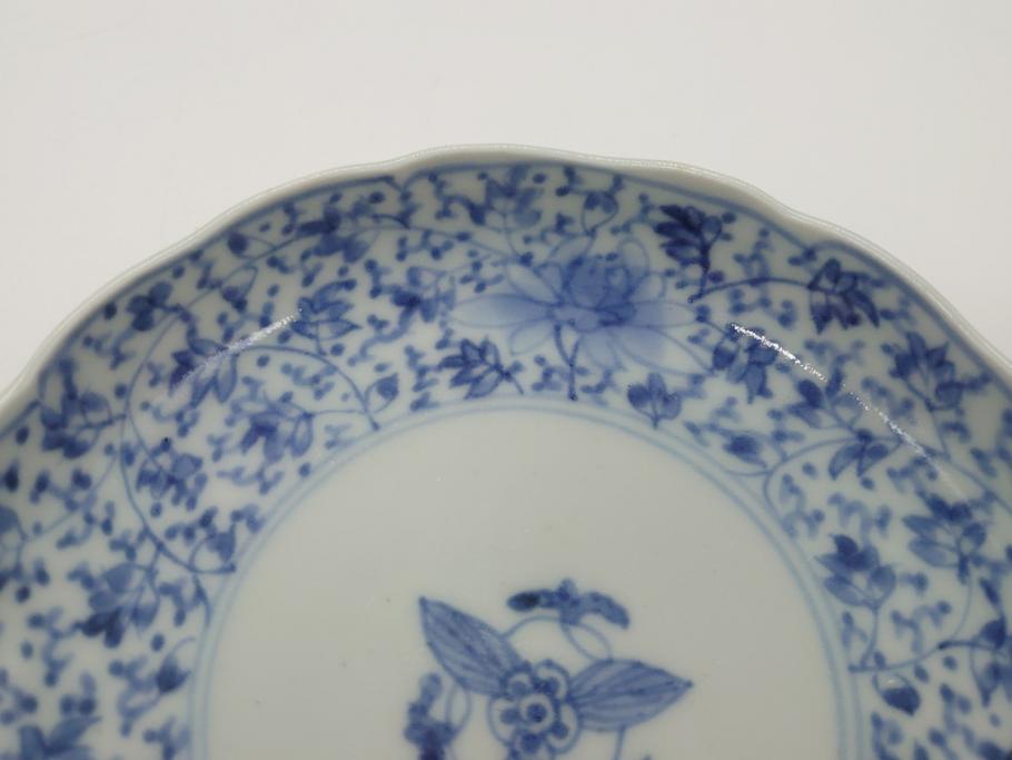 江戸期 古伊万里 染付 二重角福 花唐草 4.5寸皿 約13.5 伊万里焼