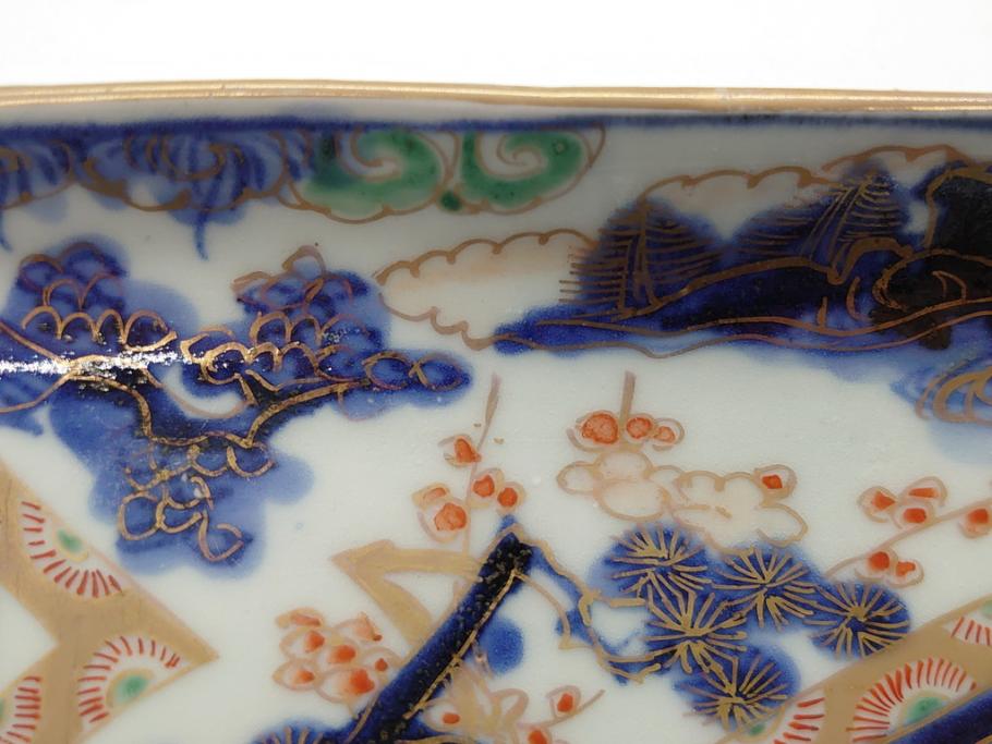 江戸期　富長貴春(富貴長春)　古伊万里　染付　金彩　色絵　蛸唐草　7.3寸皿　約21.5cm　大胆かつ繊細な絵柄に魅了される長皿2客(七寸三分、和皿、角皿、和食器)(R-061778)