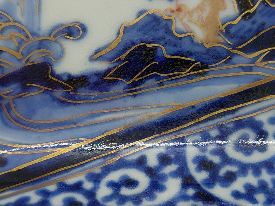 江戸期　富長貴春(富貴長春)　古伊万里　染付　金彩　色絵　蛸唐草　7.3寸皿　約21.5cm　大胆かつ繊細な絵柄に魅了される長皿2客(七寸三分、和皿、角皿、和食器)(R-061778)