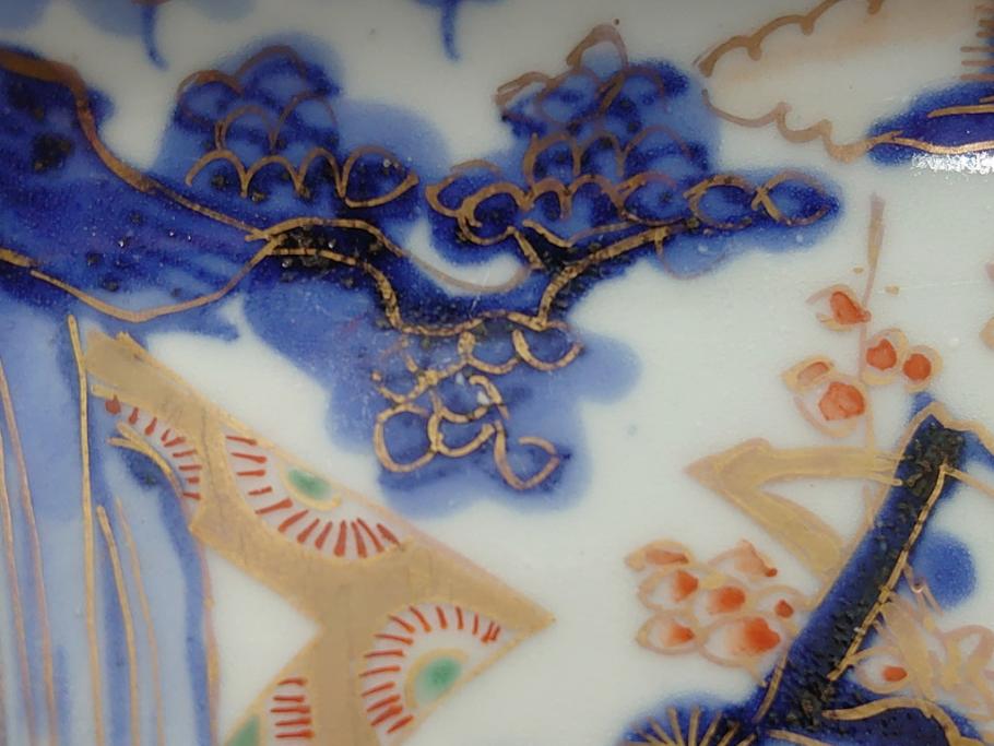 江戸期　富長貴春(富貴長春)　古伊万里　染付　金彩　色絵　蛸唐草　7.3寸皿　約21.5cm　大胆かつ繊細な絵柄に魅了される長皿2客(七寸三分、和皿、角皿、和食器)(R-061778)